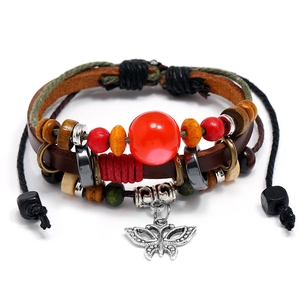 Vintage Multi-layer Cowhide Leather Wood Bead Butterfly Pendant Bracelet For Women Men Ethnic Braided Handmade Jewelry Gift