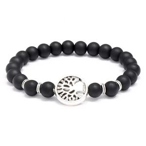 Vintage Matte Black Glass Beaded Bracelet For Men With Silver Tone Tree Of Life Pendant Bohemian Elastic Hand Jewelry