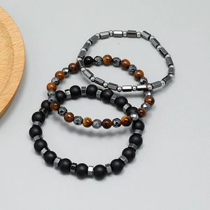 Three-piece tiger eye and matte black beaded bracelet set for men and women