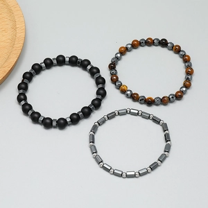 Three-piece set of beaded bracelets with black onyx, tiger eye stones and hematite beads