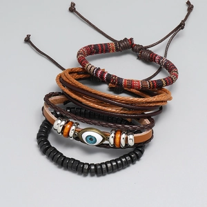 Five-piece multi-layer leather bracelet set with evil eye element and wooden beads
