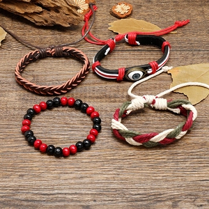 Bohemian multicolored leather bracelet set with evil eye charm and woven vintage bands