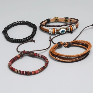 Bohemian multi-layer leather bracelet set with evil eye charm and ethnic woven beads