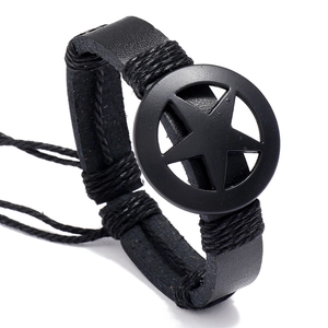 Men Punk Rock Leather Bracelet Vintage Pentagram Star Charm Synthetic PU Woven Rope Adjustable Hand Band Fashion Jewelry