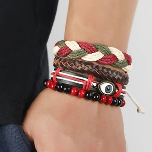 Bohemian multilayered leather bracelet set featuring evil eye charm and woven beads