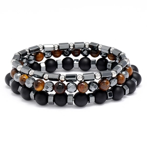 Men Vintage Tiger Eye Beaded Bracelet Matte Black Stone Hematite Layered Elastic Bracelet For Women Fashion Jewelry Gift