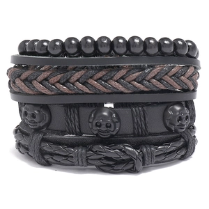 Punk Style Multi-Layer Braided Faux Leather Bracelet Set For Men Women Skull Alloy Beads Adjustable Retro Jewelry