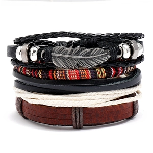 Vintage Braided Artificial Leather Alloy Hemp Cotton Bracelet For Men Women Punk Feather Pendant Ethnic Bohemian Jewelry