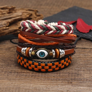 Bohemian multi-layer leather bracelet set with evil eye charm and woven beads