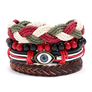 Vintage Bohemian Braided Artificial Leather Bracelet For Men Women With Evil Eye Charm And Multi-layer Beads Hand Jewelry