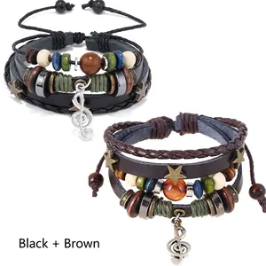 Vintage Bohemian Multilayer Bracelet Split Leather Alloy Evil Eye Feather Music Note Wood Bead Adjustable Ethnic Wristband