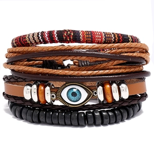 Bohemian Multilayer Braided Cowhide Leather Bracelet Set Vintage Evil Eye Wood Bead Alloy Charm Unisex Ethnic Jewelry