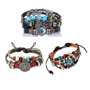Bohemian multi-layer leather bracelets set with beads, evil eye charm and feather pendant