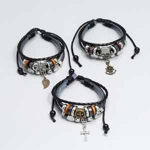 Men's vintage multilayer braided leather bracelet set with cross and leaf charms