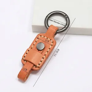 Brown handmade genuine leather keychain with gunmetal spring ring and size markings