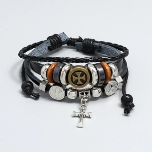 Retro multi-layer leather bracelet for men featuring cross charm and beaded accents