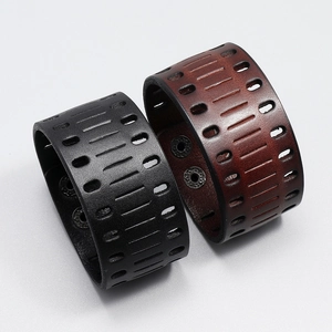 Vintage wide leather punk bracelets in black and brown with hollow stripes and metal snaps