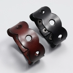 Vintage wide leather punk bracelets in black and brown with circular hollow design