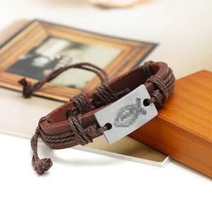 Men's vintage braided brown leather bracelet featuring a fish icon metal plate decoration