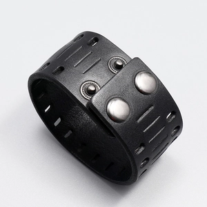 Retro punk style wide black leather bracelet for men with hollow cutouts and snap buttons
