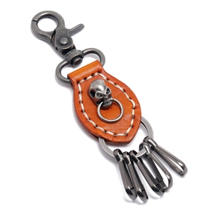 Punk Retro Hand Stitched Cowhide Leather Skull Keychain For Men Women Vintage Genuine Leather Key Ring With Metal Hooks