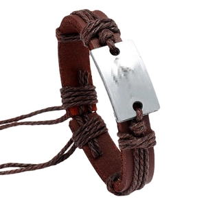 Vintage brown multilayer braided leather bracelet with silver metal plate for men