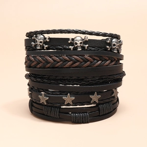 Retro multi-layer leather bracelet set with skull and star charms for men and women