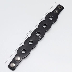 Vintage wide hollow-out black leather punk bracelet for men with metal snap buttons