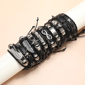 Men's punk leather bracelet set with silver skull, feather, and star charms in Gothic style