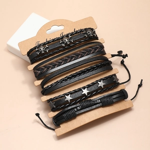 Men's retro black layered leather bracelet set with skull and star charms