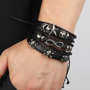 Men's multi-layer punk leather bracelet set with skull and infinity metal charms