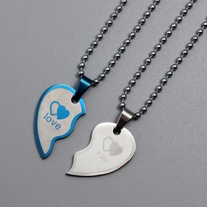 Couples heart puzzle necklace in stainless steel with love engraving and bead chain