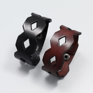 Vintage hollowed-out genuine leather cuff bracelet with snap button closure in red and black