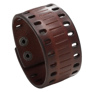 Vintage Punk Wide Leather Cuff Bracelet Men Hollow Out Geometric Cowhide Wristband Adjustable Metal Button Jewelry