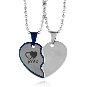 Couples split heart pendant necklaces in blue and silver finish with love you engraving
