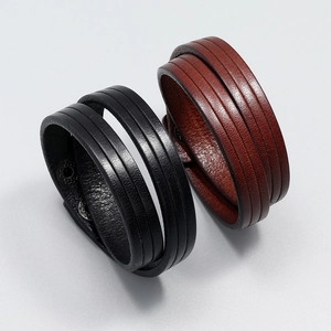 Retro multi-layer genuine leather bracelets for men with silver metal snap closures