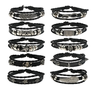 Vintage Punk Multi Layer Braided Bracelet For Men Synthetic Leather Infinity Skull Feather Star Charm Adjustable Jewelry