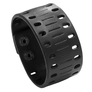Retro punk black wide hollowed leather bracelet with dual metal buckle snap closure
