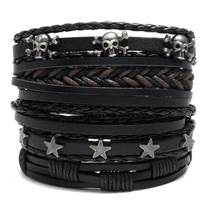 Punk Retro Multi-layer Woven Cowhide Leather Bracelet Set For Men Alloy Skull Star Adjustable Wrap Bracelet Fashion Jewelry