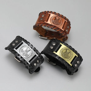 Vintage Viking leather bracelet with Thor's Hammer Mjölnir and Norse Rune engravings