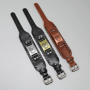 Vintage braided leather Thor's Hammer Viking bracelet with rune embossed metal plate