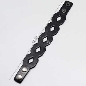 Minimalist black hollowed leather bracelet with silver metal snap fasteners 22.5cm