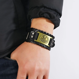 Vintage Viking Mjolnir braided leather bracelet with bronze rune charm for men