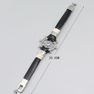 Handmade nautical men's black leather bracelet with silver rudder charm and white rope