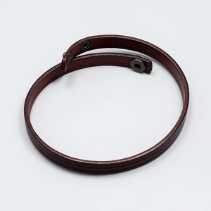 Double-wrap dark brown leather bracelet for men with adjustable metal snap buttons