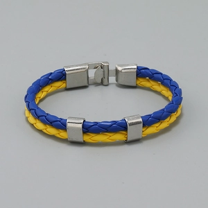 Bracelet minimaliste en cuir tressé multicouche bleu et jaune avec fermoir en acier
