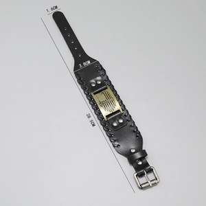 Retro punk style wide black leather bracelet with bronze metal plate and buckle closure
