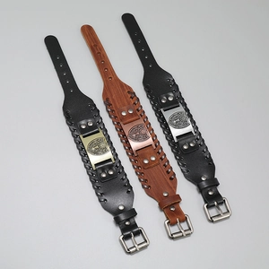Wikinger-Lederarmbänder für Herren mit Schild-Relief und geflochtenen Details im Punk-Stil