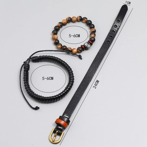 Retro 3-piece men's bracelet set with woven leather, wood beads, and a metal clasp
