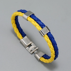 Bracelet tressé en cuir bleu et jaune avec fermoir magnétique argenté pour hommes